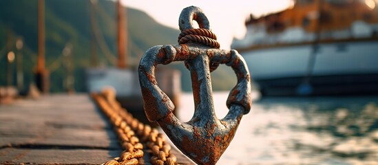 Anchor on the embankment and the cruiser in the port - obrazy, fototapety, plakaty