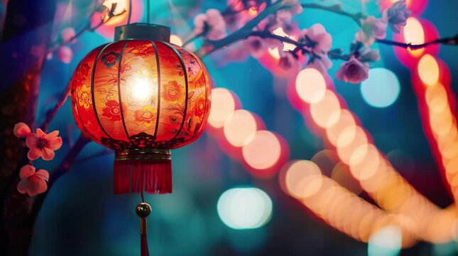 Chinese lanterns. chinese asian new year red lamps festival 3d chinatown traditional realistic,  Seamless looping 4k time-lapse virtual video animation background. Generated AI