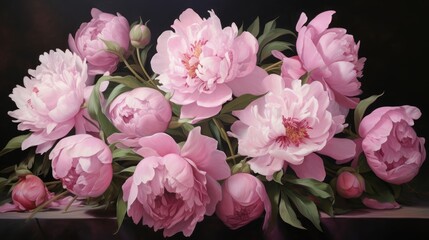 A bouquet of pink peonies in a vase on a dark background. Congratulations on Mother's Day, Valentine's Day, Women's Day. Romantic background and greeting card.