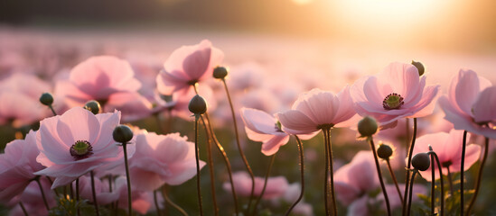 Delicate Pink Cosmos Flowers Bathed in Golden Light of Dusk. Tranquil Nature Scene