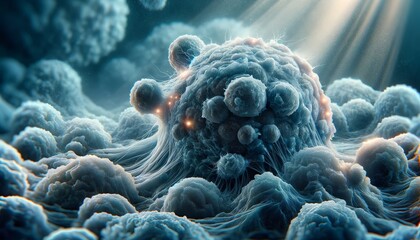 close-up view of a group of stylized cancer cells in a dynamic