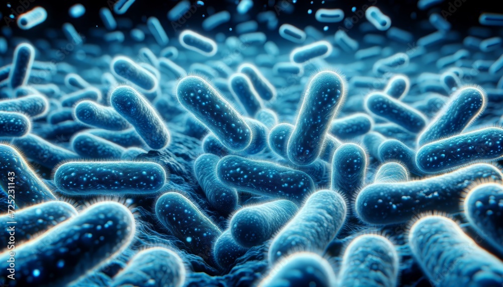 Aufkleber close-up view of numerous 3d-modeled bacteria with a vibrant blue color