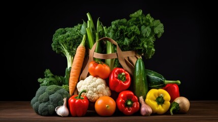 A shopper's bag filled with fresh vegetables demonstrating a healthy lifestyle. The bag is made of eco-friendly material on a dark background.