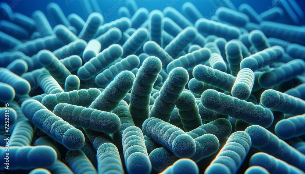 Aufkleber close-up view of numerous 3d-modeled bacteria with a vibrant blue color