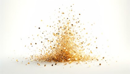 gold confetti scattering in the air with a focus on a few larger pieces against a pure white background