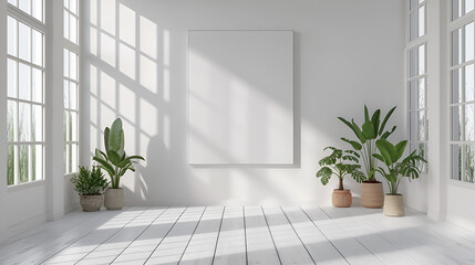 empty white room with blank canvas poster mockup on the wall with natural bright light in the livingroom. generative ai