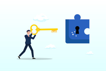 Businessman turn key into jigsaw puzzle keyhole, Turnkey solution complete ready to use product, open opportunity to solve customer problem, unlock potential to success, software or platform (Vector)