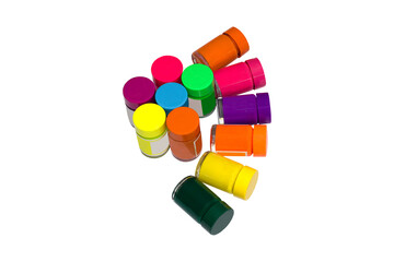 Isolated image of colorful poster paints used for art, arranged in large numbers on a transparent background png file.