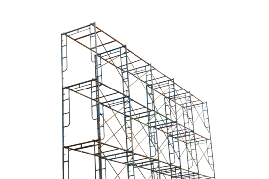 Isolated image of a photograph of many connected old outdoor scaffolding on a transparent background png file.