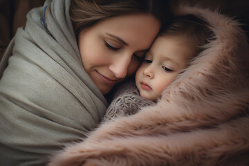 Young Mother Cuddling Her Sleeping Baby in a Warm Beige Blanket. Family Affection Concept