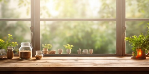 Blurred kitchen window backdrop with wooden cooking table top