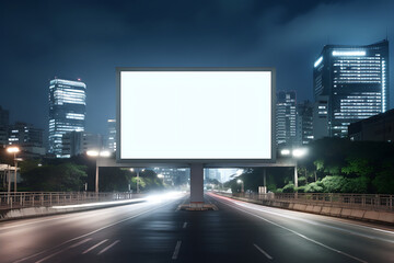 Blank billboard on the road with cityscape background. 3d rendering