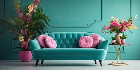 Floral living room with green table, pink chair, blue sofa, and plant