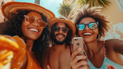  happy multiracial teenager classmate friends selfie with smartphone together at sea beach.