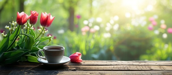 Tulips on a wooden table with coffee and a blurred natural background. - obrazy, fototapety, plakaty