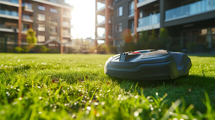 Automatic robot lawnmower mows grass on green lawn. Automated lawn mower cutting plants in summer garden near house. Modern gardening equipment. generative ai - obrazy, fototapety, plakaty
