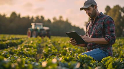 Young farmer standing in filed with tablet examining Vegetables farm