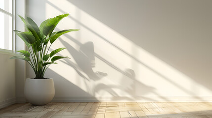 Contemporary Interior Mockup: A Bright, Empty Space Featuring White Walls, Wooden Floors, and a Green Potted Plant, Bathed in Sunlight Streaming Through the Window..generative ai