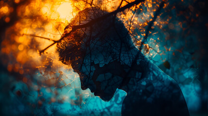 Silhouette of sad tired young man in profile, crashed, divided into many parts. Depression, conflict, emotions, crisis, fractured identity, emotional turmoil, vulnerability, relationship breakdown. - obrazy, fototapety, plakaty