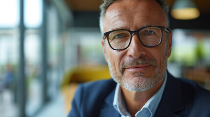 Obraz premium Confident mature businessman with glasses in office space. Corporate leadership.