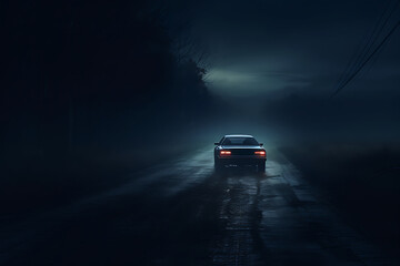 Car driving on a wet road at night in the misty forest