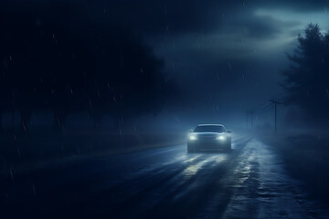 Car driving on a wet road at night in the misty forest - obrazy, fototapety, plakaty