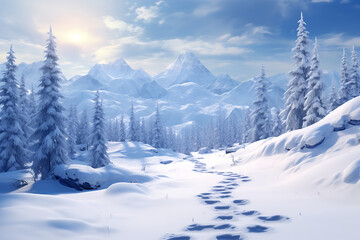 Fototapeta premium Beautiful winter landscape with snow covered fir trees and blue sky.