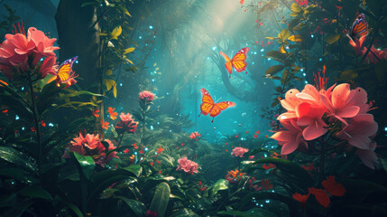 Fototapeta na wymiar Enchanted forest scene with vibrant flowers and butterflies. Fantasy and wonder.