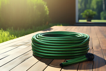 Garden hose with on a wooden deck in the garden. - obrazy, fototapety, plakaty
