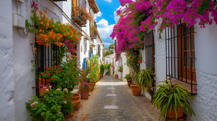 Picturesque narrow street in Spanish city old town. Typical traditional whitewashed houses with blooming plants, flowers, cobbled street in a small cozy town in Spain. generative ai