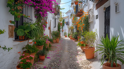 Fototapeta na wymiar Picturesque narrow street in Spanish city old town. Typical traditional whitewashed houses with blooming plants, flowers, cobbled street in a small cozy town in Spain. generative ai