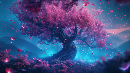 Enchanted cherry blossom tree in magical landscape. Fantasy world.