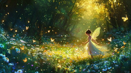 Magical fairy in enchanted forest glade. Fantasy and imagination.