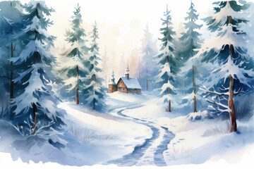 Fototapeta premium Idyllic winter landscape with snow-covered cabin and trees. Seasonal background.