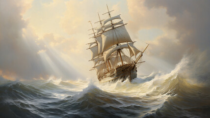 sailing vessel sail over the rough weather - obrazy, fototapety, plakaty