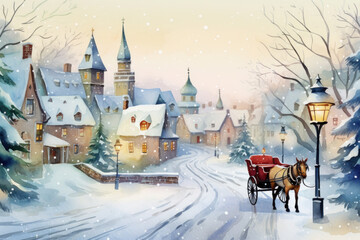 Horse-drawn carriage in snowy Victorian town. Vintage winter holiday scene.