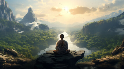 A man practicing meditation in the mountain at sun set - obrazy, fototapety, plakaty