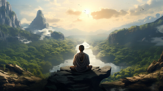 A man practicing meditation in the mountain at sun set