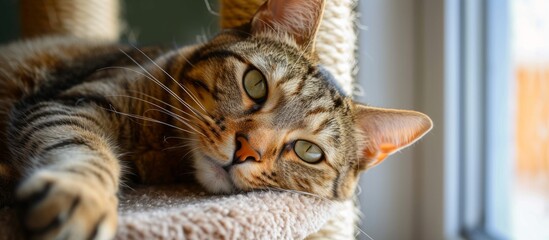 Obraz premium Indoor tabby cat enjoying play and rest on carpeted tree.