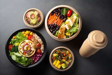 Healthy lunch box on a black background. Healthy food concept.