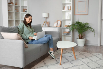 Young woman using laptop on grey sofa in living room