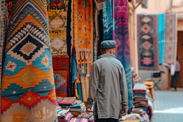 Man browsing colorful textiles at traditional outdoor market. Cultural diversity and craftsmanship.