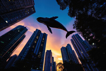 Dolphin silhouette against twilight cityscape. Urban wildlife coexistence.