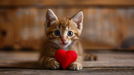 Valentines Day kitten. Small striped kitten playing with red heart. generative ai