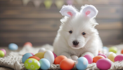 Fototapeta na wymiar Charming Puppy with Bunny Ears Amongst Easter Eggs, Wooden Wall in Background