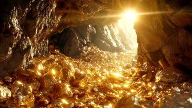big gold nugget as treasure discovery in cave video animation looping background