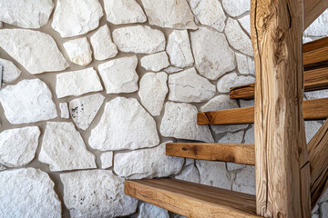 Wooden staircase against textured white stone wall. Interior design and architecture