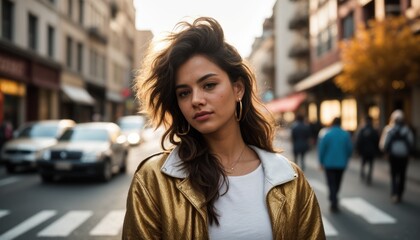 Fototapeta premium Confident Young Woman Walking in Urban Setting at Sunset