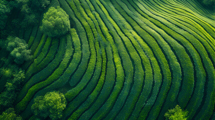 Tea field green plantation agriculture background top leaf farm landscape pattern drone. Organic field mountain green plant tea table view wooden product aerial display farmer wood fresh harvest land. - obrazy, fototapety, plakaty