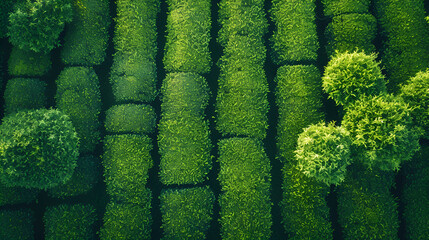Tea field green plantation agriculture background top leaf farm landscape pattern drone. Organic field mountain green plant tea table view wooden product aerial display farmer wood fresh harvest land. - obrazy, fototapety, plakaty